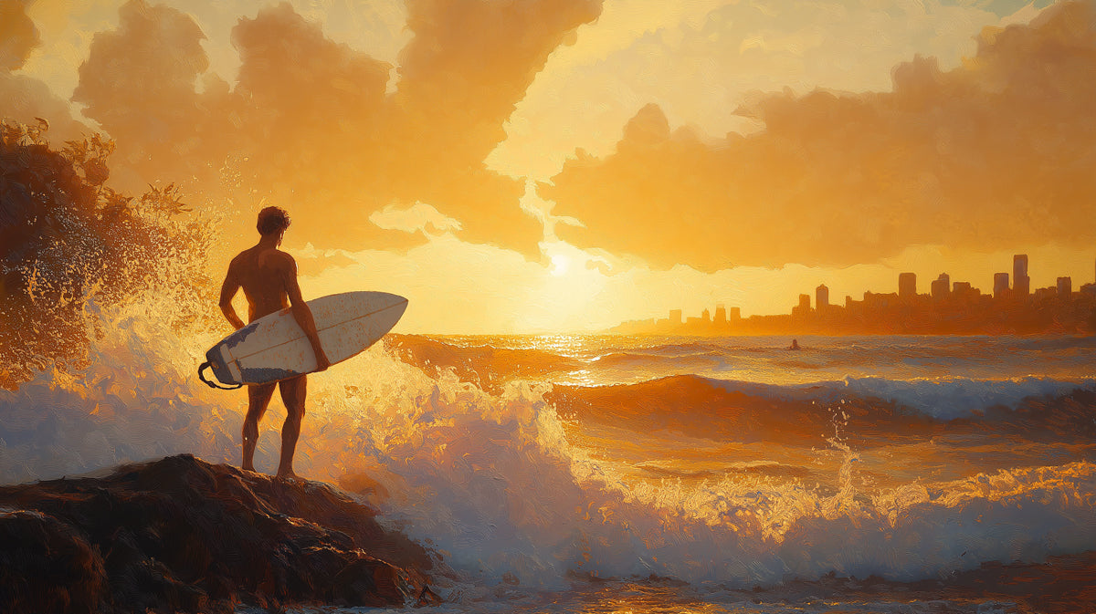 Lone Surfer City Sunset Mural Wallpaper | Warm Tones, Impressionist Brushwork, Urban Beach Seascape