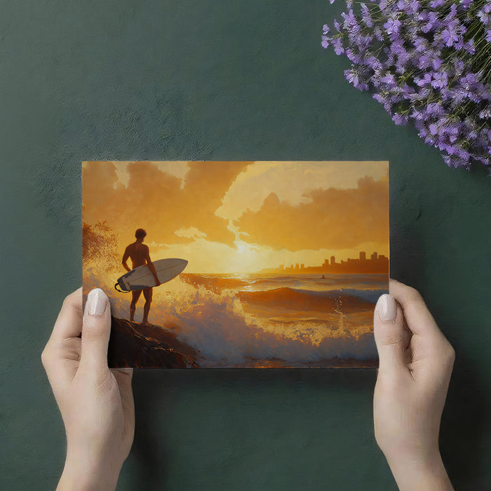 Lone Surfer City Sunset Mural Wallpaper | Warm Tones, Impressionist Brushwork, Urban Beach Seascape