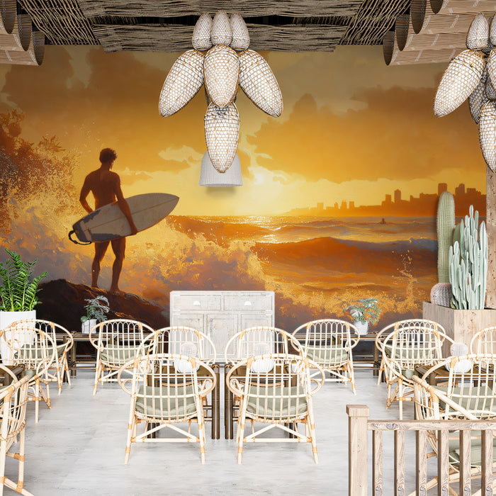 Lone Surfer City Sunset Mural Wallpaper | Warm Tones, Impressionist Brushwork, Urban Beach Seascape