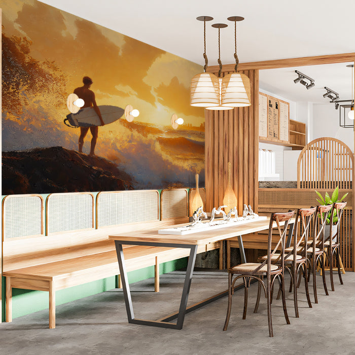 Lone Surfer City Sunset Mural Wallpaper | Warm Tones, Impressionist Brushwork, Urban Beach Seascape