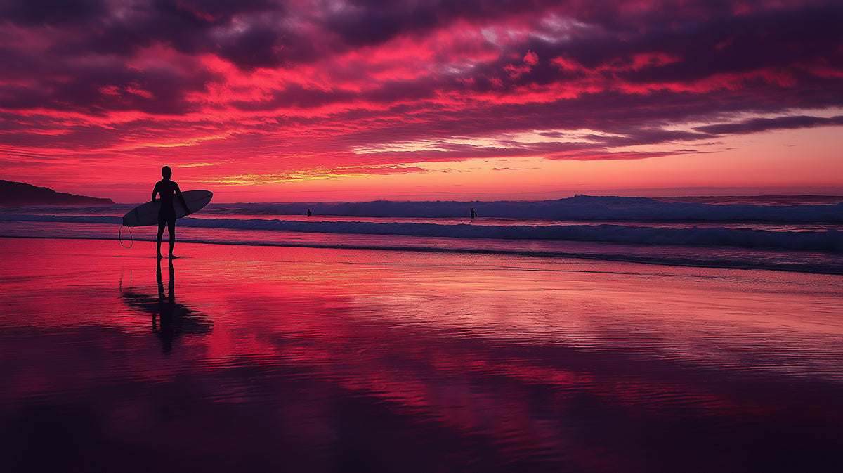 Intense Crimson Sunset Surfer Mural Wallpaper | Reflective Beach, Silhouette Figure, Dramatic Landscape