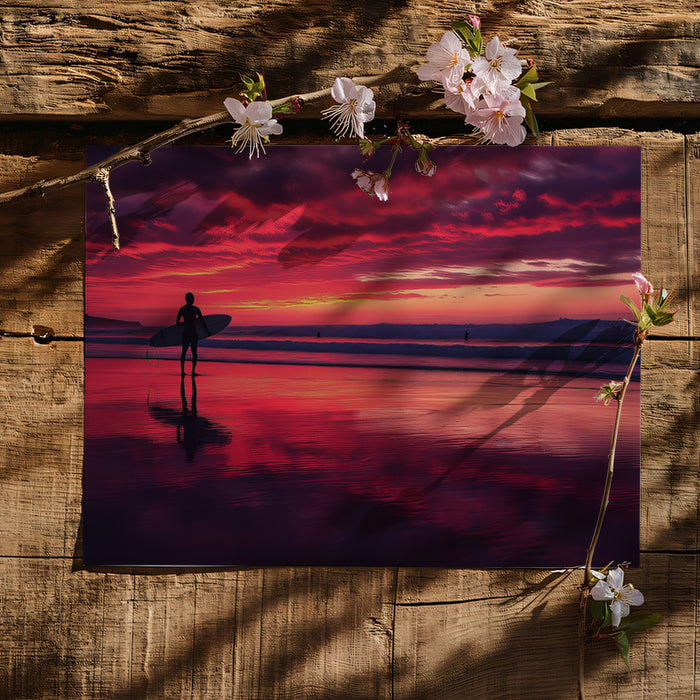 Intense Crimson Sunset Surfer Mural Wallpaper | Reflective Beach, Silhouette Figure, Dramatic Landscape
