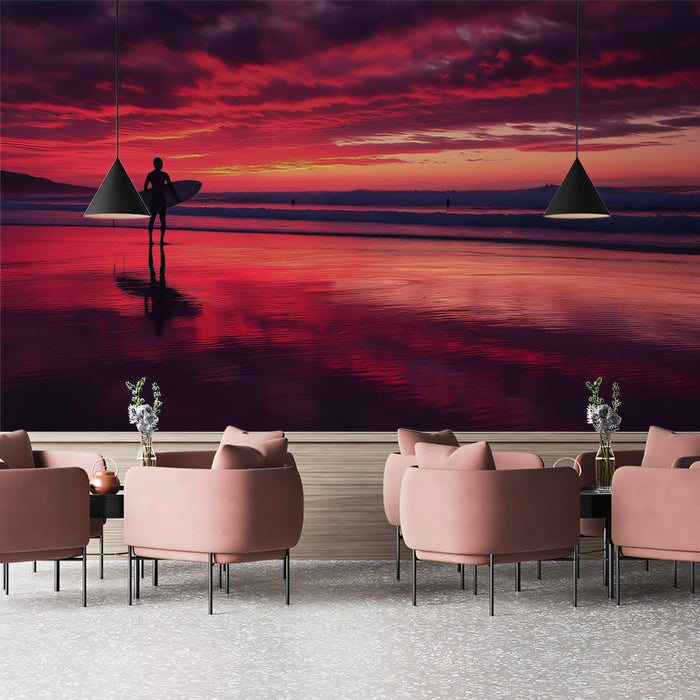 Intense Crimson Sunset Surfer Mural Wallpaper | Reflective Beach, Silhouette Figure, Dramatic Landscape
