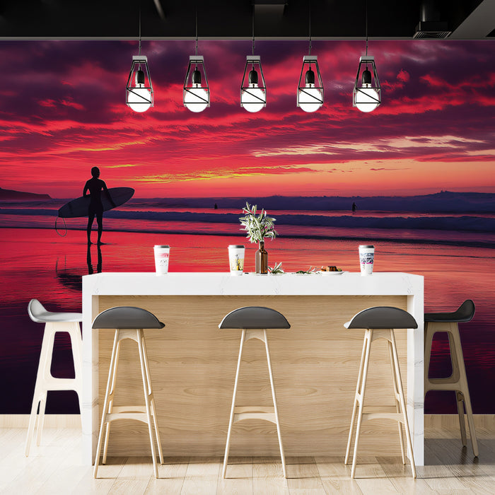 Intense Crimson Sunset Surfer Mural Wallpaper | Reflective Beach, Silhouette Figure, Dramatic Landscape