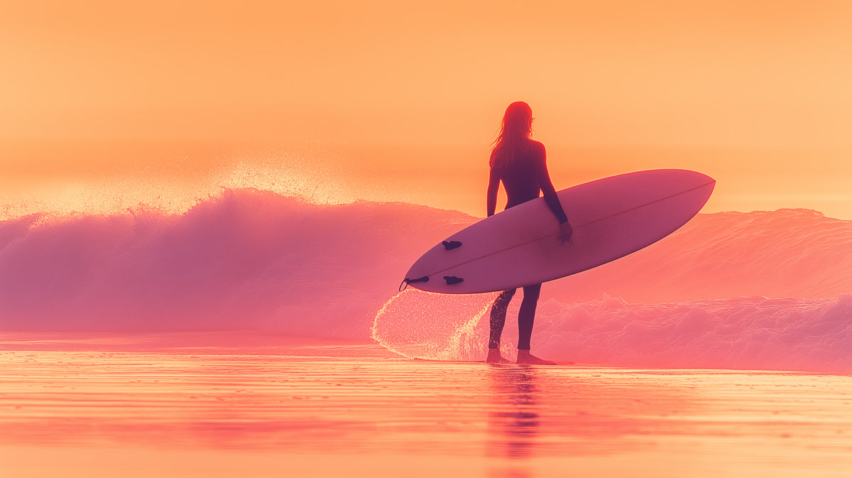 Pastel Sunset Surfer Silhouette Mural Wallpaper | Pink and Orange Hues, Ethereal Beach Scene, Serene Solitude