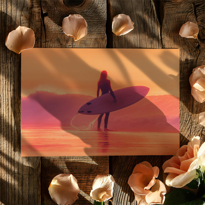 Pastel Sunset Surfer Silhouette Mural Wallpaper | Pink and Orange Hues, Ethereal Beach Scene, Serene Solitude
