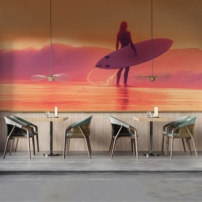 Pastel Sunset Surfer Silhouette Mural Wallpaper | Pink and Orange Hues, Ethereal Beach Scene, Serene Solitude