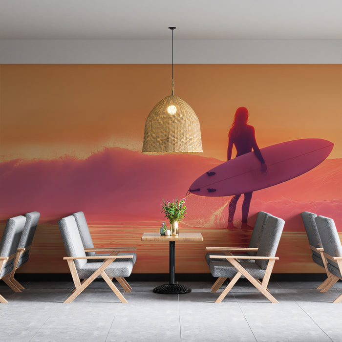 Pastel Sunset Surfer Silhouette Mural Wallpaper | Pink and Orange Hues, Ethereal Beach Scene, Serene Solitude