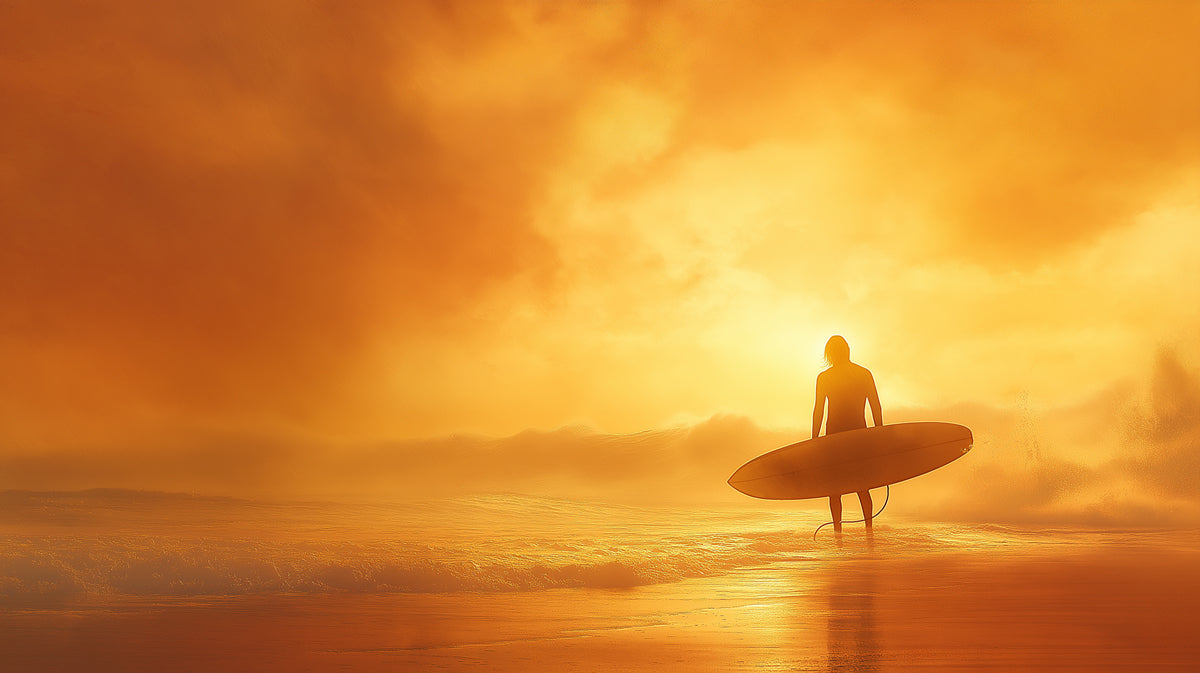 Fiery Orange Surfer Sunset Mural Wallpaper | High Contrast, Hazy Atmosphere, Dramatic Coastal Art
