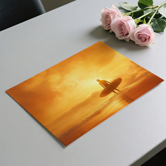 Fiery Orange Surfer Sunset Mural Wallpaper | High Contrast, Hazy Atmosphere, Dramatic Coastal Art