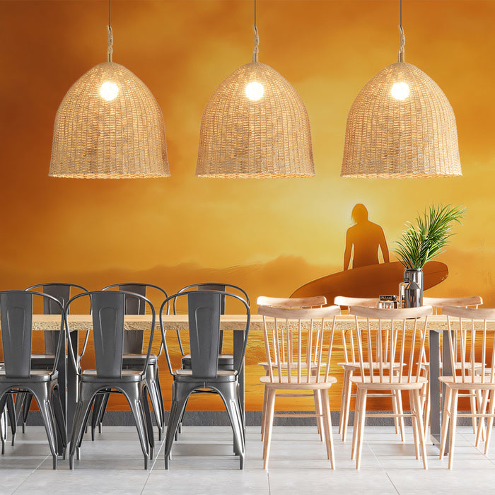 Fiery Orange Surfer Sunset Mural Wallpaper | High Contrast, Hazy Atmosphere, Dramatic Coastal Art