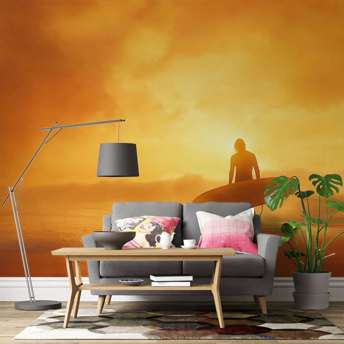 Fiery Orange Surfer Sunset Mural Wallpaper | High Contrast, Hazy Atmosphere, Dramatic Coastal Art