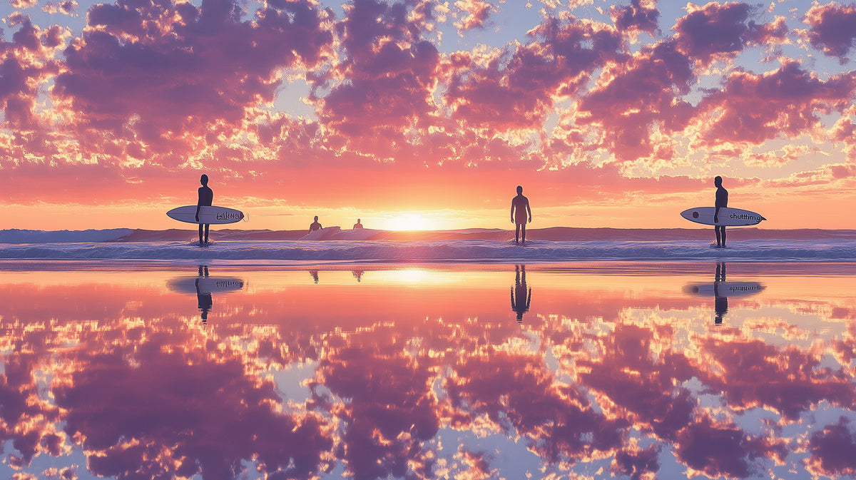 Mirrored Beach Sunset Mural Wallpaper | Reflective Sand, Symmetrical Silhouettes, Violet and Orange Sky