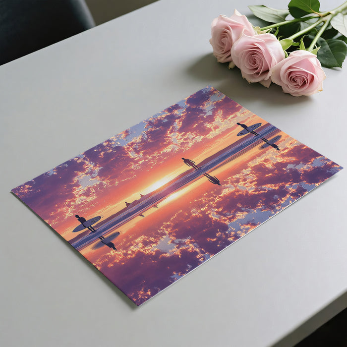 Mirrored Beach Sunset Mural Wallpaper | Reflective Sand, Symmetrical Silhouettes, Violet and Orange Sky