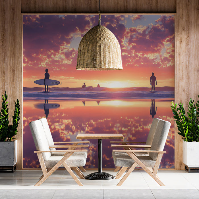 Mirrored Beach Sunset Mural Wallpaper | Reflective Sand, Symmetrical Silhouettes, Violet and Orange Sky
