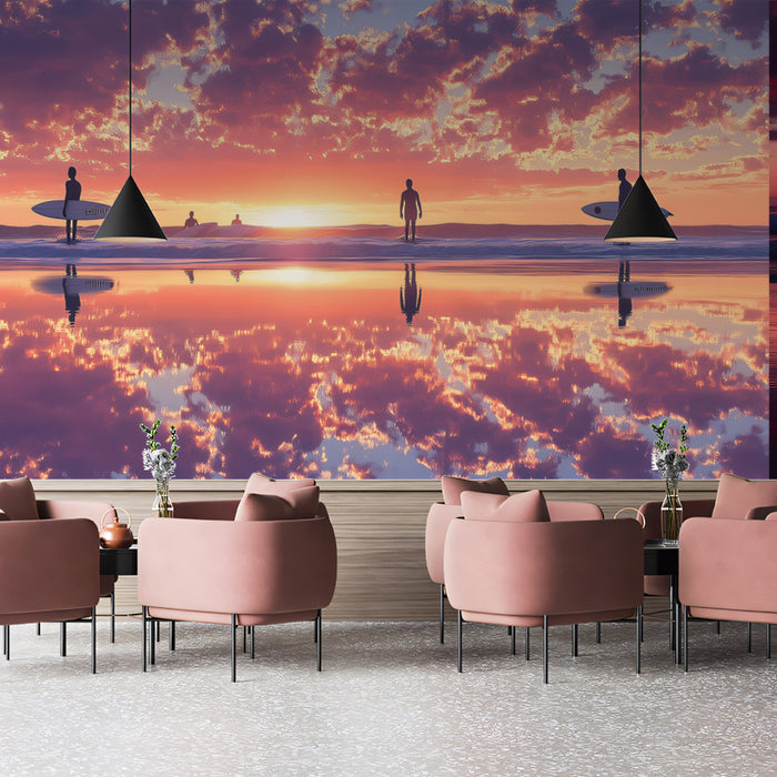 Mirrored Beach Sunset Mural Wallpaper | Reflective Sand, Symmetrical Silhouettes, Violet and Orange Sky
