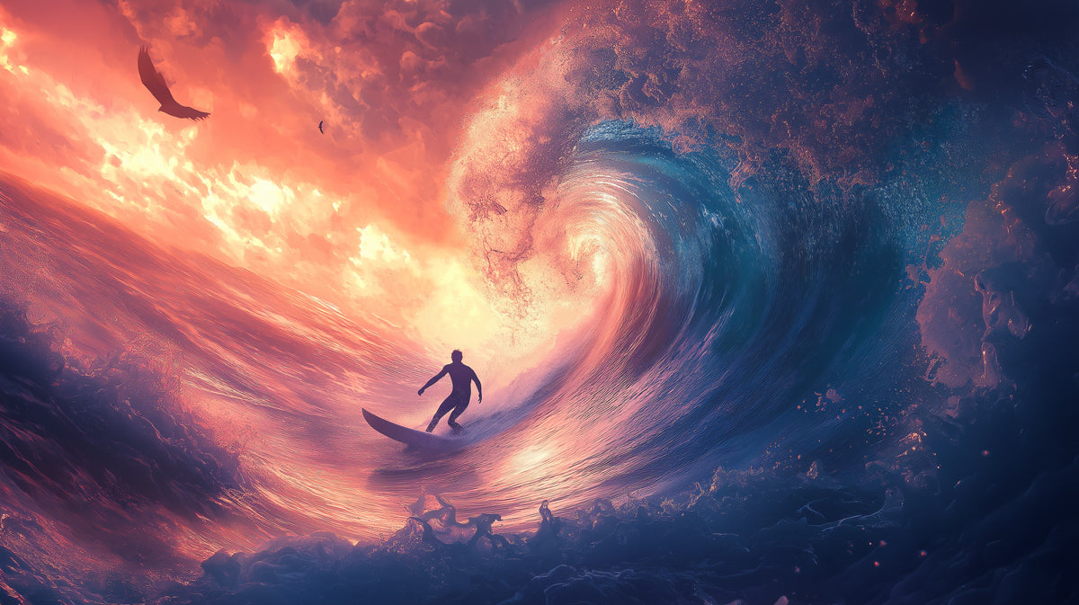 Fire Sky Wave Surfing Mural Wallpaper | High-Contrast Action, Burning Clouds, Blue and Red Tones