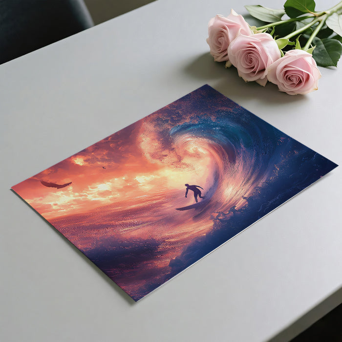 Fire Sky Wave Surfing Mural Wallpaper | High-Contrast Action, Burning Clouds, Blue and Red Tones