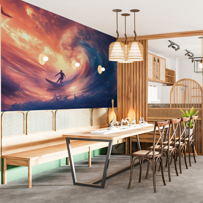 Fire Sky Wave Surfing Mural Wallpaper | High-Contrast Action, Burning Clouds, Blue and Red Tones