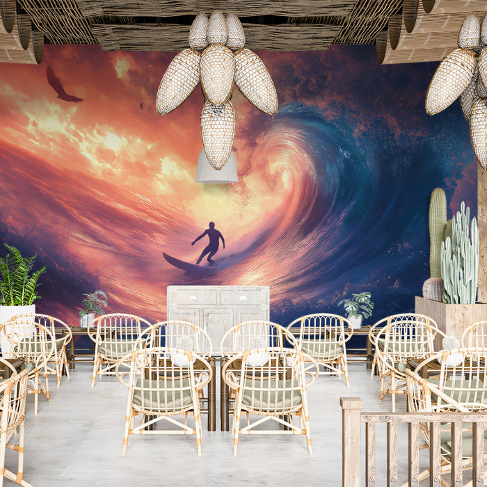 Fire Sky Wave Surfing Mural Wallpaper | High-Contrast Action, Burning Clouds, Blue and Red Tones