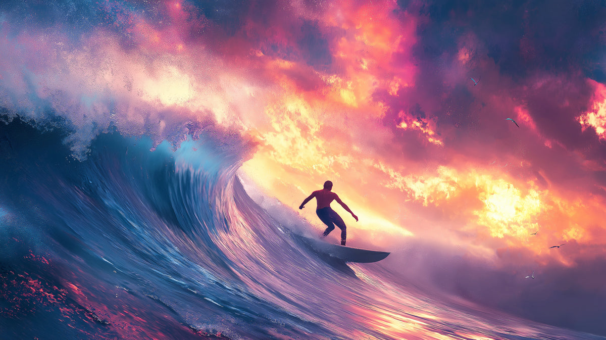 Violet Sunset Wave Surfing Mural Wallpaper | Neon Pink and Blue, Dramatic Tube Ride, Silhouetted Surfer