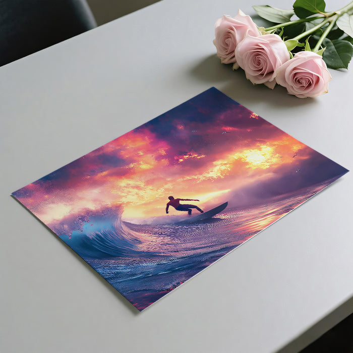 Violet Sunset Wave Surfing Mural Wallpaper | Neon Pink and Blue, Dramatic Tube Ride, Silhouetted Surfer