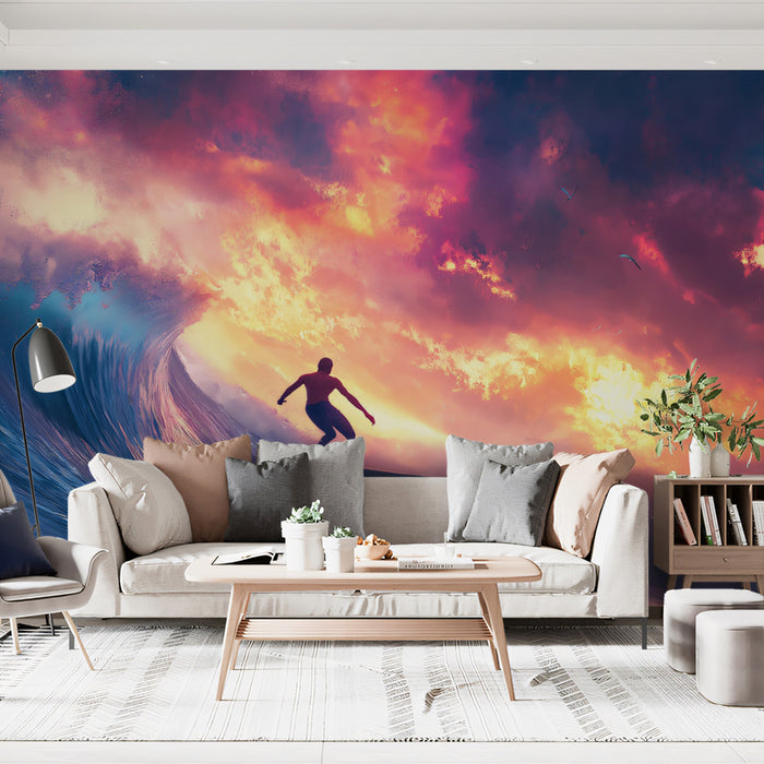 Violet Sunset Wave Surfing Mural Wallpaper | Neon Pink and Blue, Dramatic Tube Ride, Silhouetted Surfer