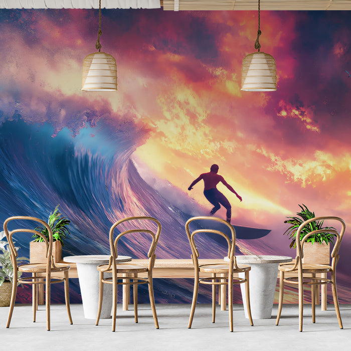 Violet Sunset Wave Surfing Mural Wallpaper | Neon Pink and Blue, Dramatic Tube Ride, Silhouetted Surfer