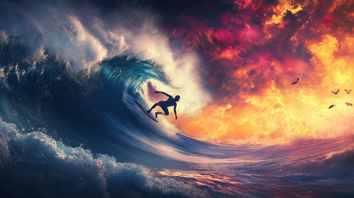 Abstract Fire and Water Surfing Mural Wallpaper | Surreal Sky, Aggressive Wave, High-Action Silhouette