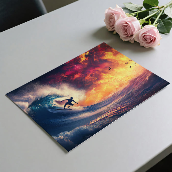 Abstract Fire and Water Surfing Mural Wallpaper | Surreal Sky, Aggressive Wave, High-Action Silhouette