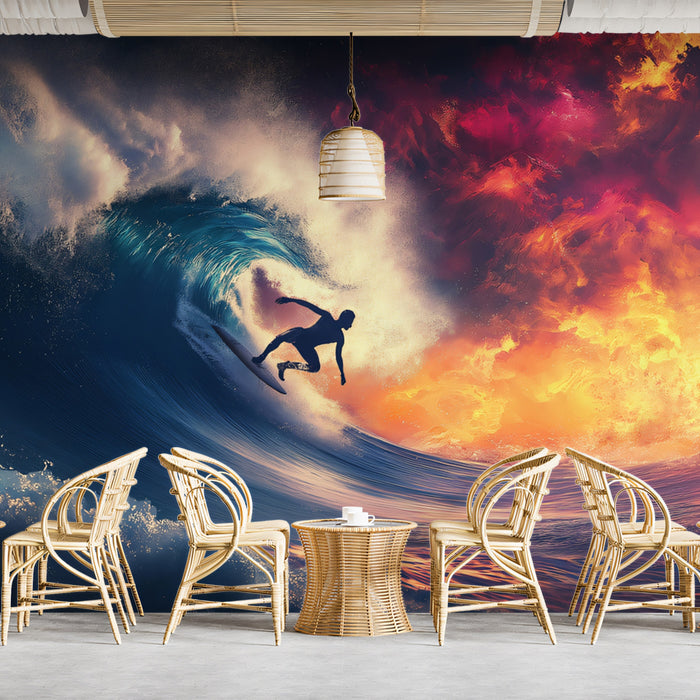 Abstract Fire and Water Surfing Mural Wallpaper | Surreal Sky, Aggressive Wave, High-Action Silhouette