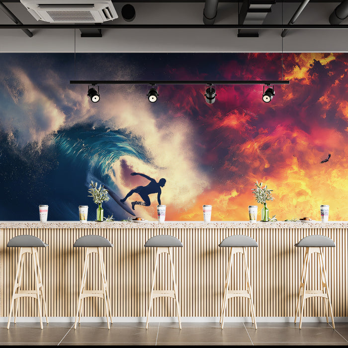 Abstract Fire and Water Surfing Mural Wallpaper | Surreal Sky, Aggressive Wave, High-Action Silhouette