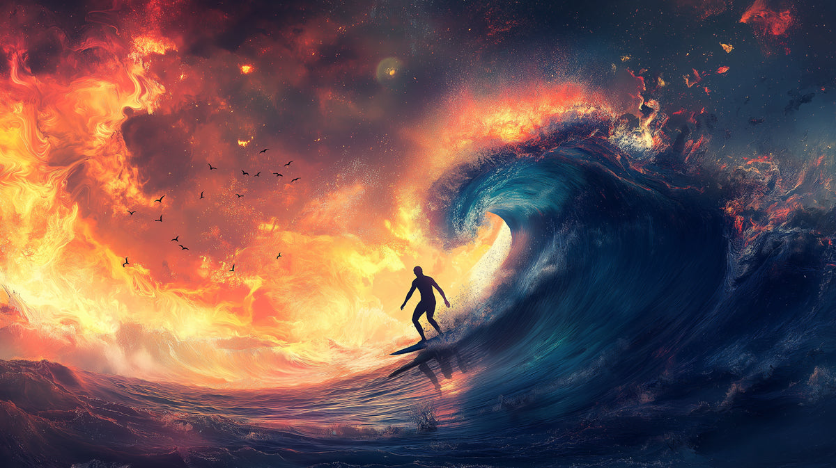 Fire and Deep Blue Wave Surfing Mural Wallpaper | Elemental Contrast, Orange and Navy Palette, Epic Scale