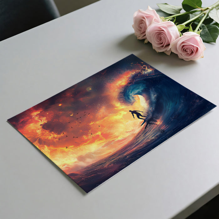 Fire and Deep Blue Wave Surfing Mural Wallpaper | Elemental Contrast, Orange and Navy Palette, Epic Scale