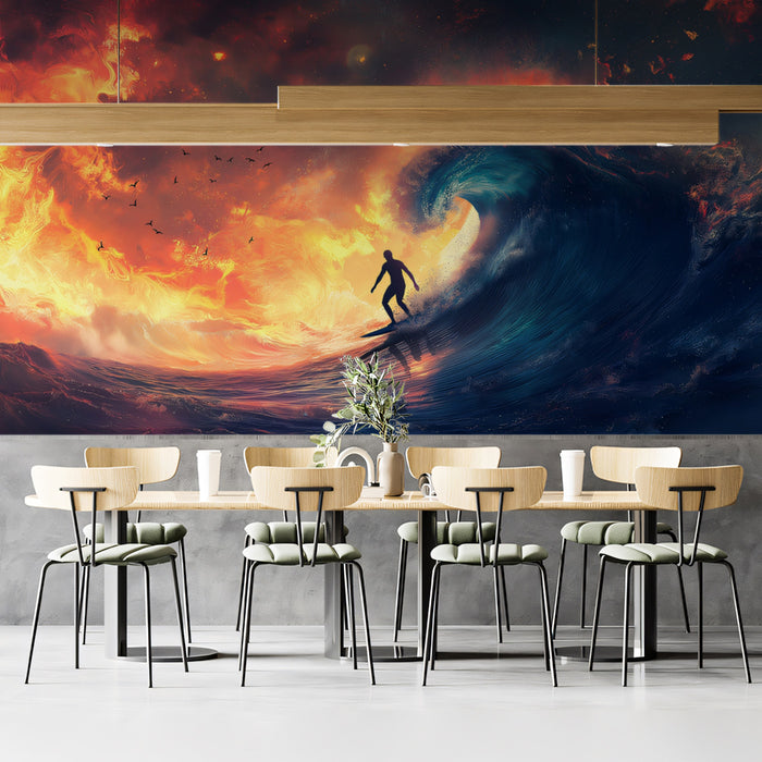 Fire and Deep Blue Wave Surfing Mural Wallpaper | Elemental Contrast, Orange and Navy Palette, Epic Scale