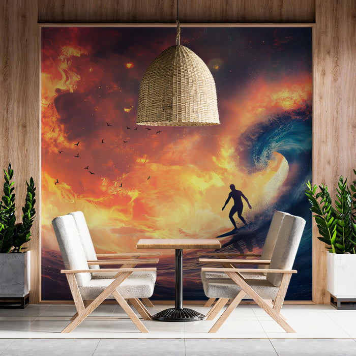 Fire and Deep Blue Wave Surfing Mural Wallpaper | Elemental Contrast, Orange and Navy Palette, Epic Scale