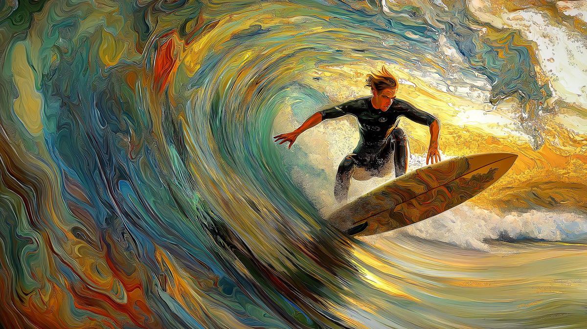Abstract Impressionist Wave Mural Wallpaper | Neon Colors, Surfer Action, High-Texture Oil Paint