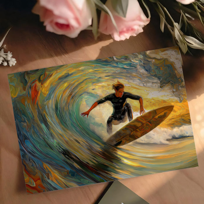 Abstract Impressionist Wave Mural Wallpaper | Neon Colors, Surfer Action, High-Texture Oil Paint