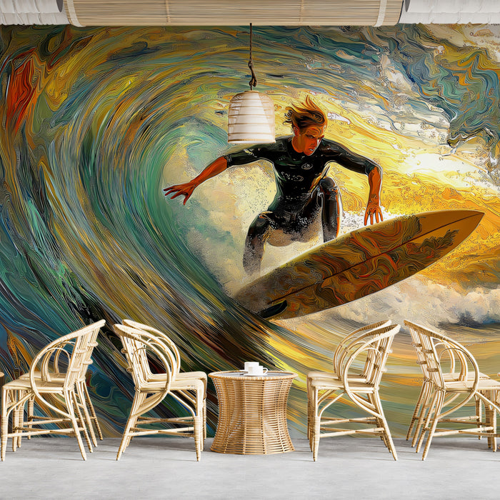 Abstract Impressionist Wave Mural Wallpaper | Neon Colors, Surfer Action, High-Texture Oil Paint