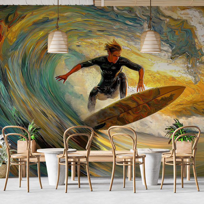 Abstract Impressionist Wave Mural Wallpaper | Neon Colors, Surfer Action, High-Texture Oil Paint