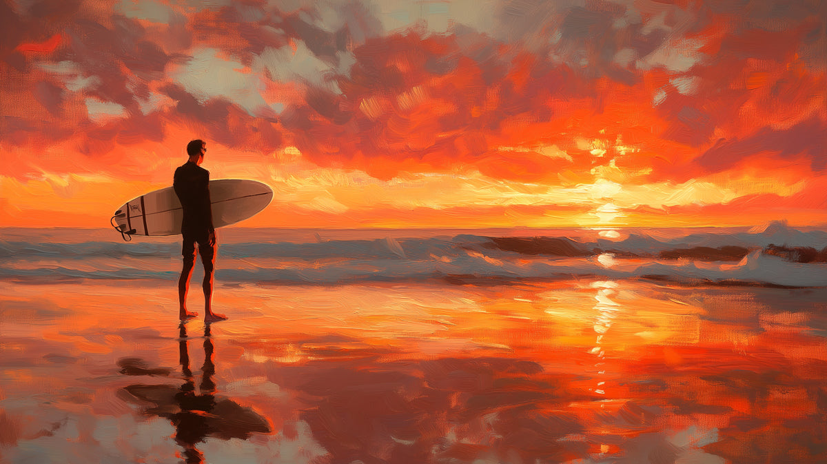 Surfer Silhouette Orange Sunset Mural Wallpaper | Oil Painting, Reflective Water, Warm Cinematic Seascape