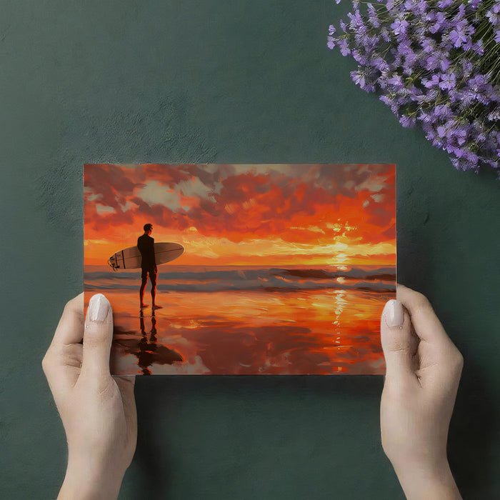 Surfer Silhouette Orange Sunset Mural Wallpaper | Oil Painting, Reflective Water, Warm Cinematic Seascape
