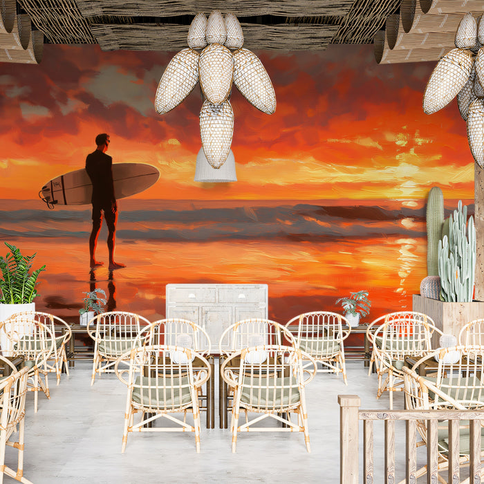 Surfer Silhouette Orange Sunset Mural Wallpaper | Oil Painting, Reflective Water, Warm Cinematic Seascape