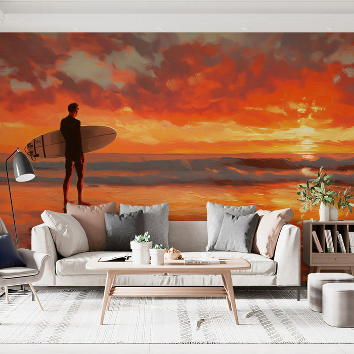 Surfer Silhouette Orange Sunset Mural Wallpaper | Oil Painting, Reflective Water, Warm Cinematic Seascape