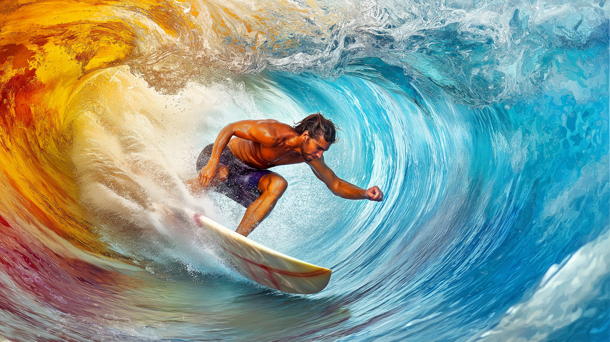 Fiery Barrel Wave Surfing Mural Wallpaper | Elemental Contrast, Dynamic Ocean Action, Bright Colors