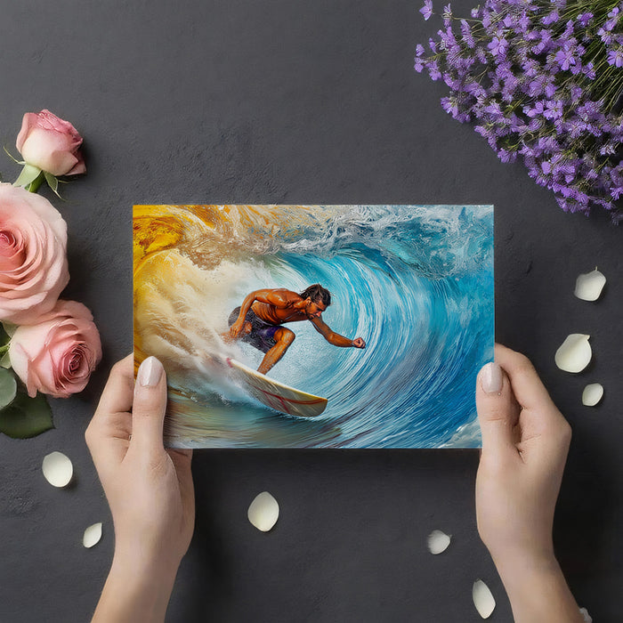 Fiery Barrel Wave Surfing Mural Wallpaper | Elemental Contrast, Dynamic Ocean Action, Bright Colors