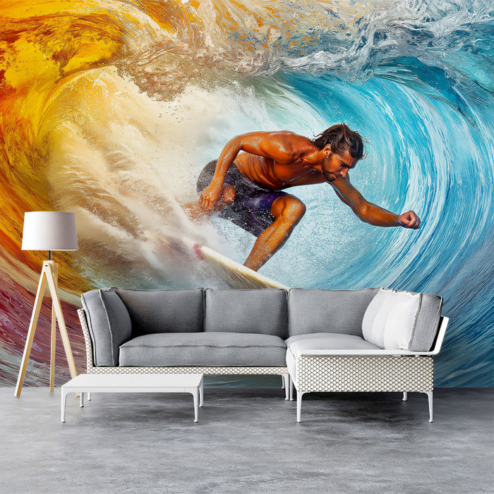 Fiery Barrel Wave Surfing Mural Wallpaper | Elemental Contrast, Dynamic Ocean Action, Bright Colors