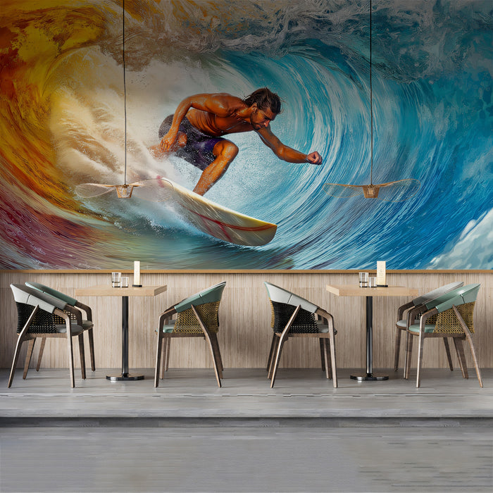 Fiery Barrel Wave Surfing Mural Wallpaper | Elemental Contrast, Dynamic Ocean Action, Bright Colors