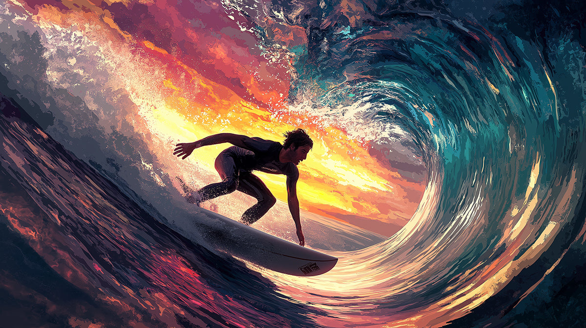 Dramatic Sunset Barrel Wave Surfing Mural Wallpaper | Fiery Sky, Silhouetted Surfer, Intense Ocean Colors