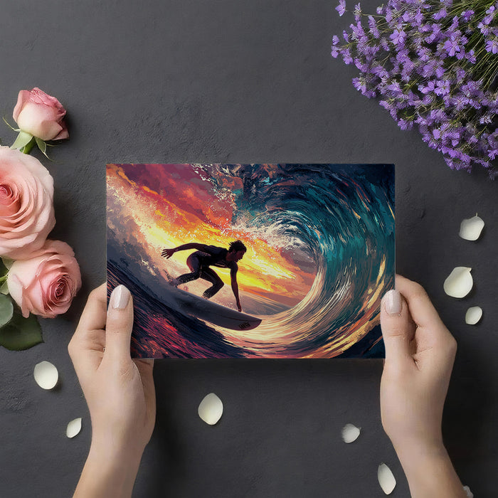 Dramatic Sunset Barrel Wave Surfing Mural Wallpaper | Fiery Sky, Silhouetted Surfer, Intense Ocean Colors